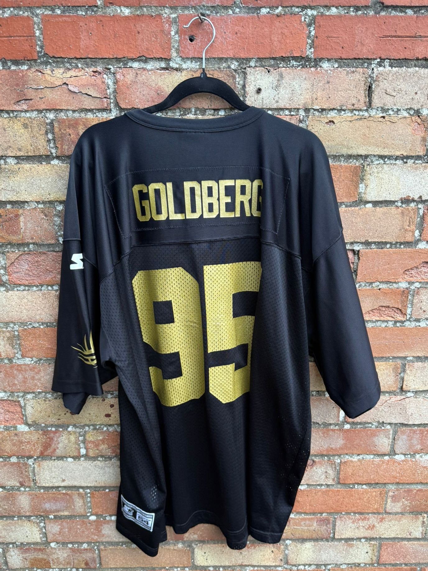 Back view of a black sports jersey with 'Goldberg' and number '95' hanging against a brick wall background