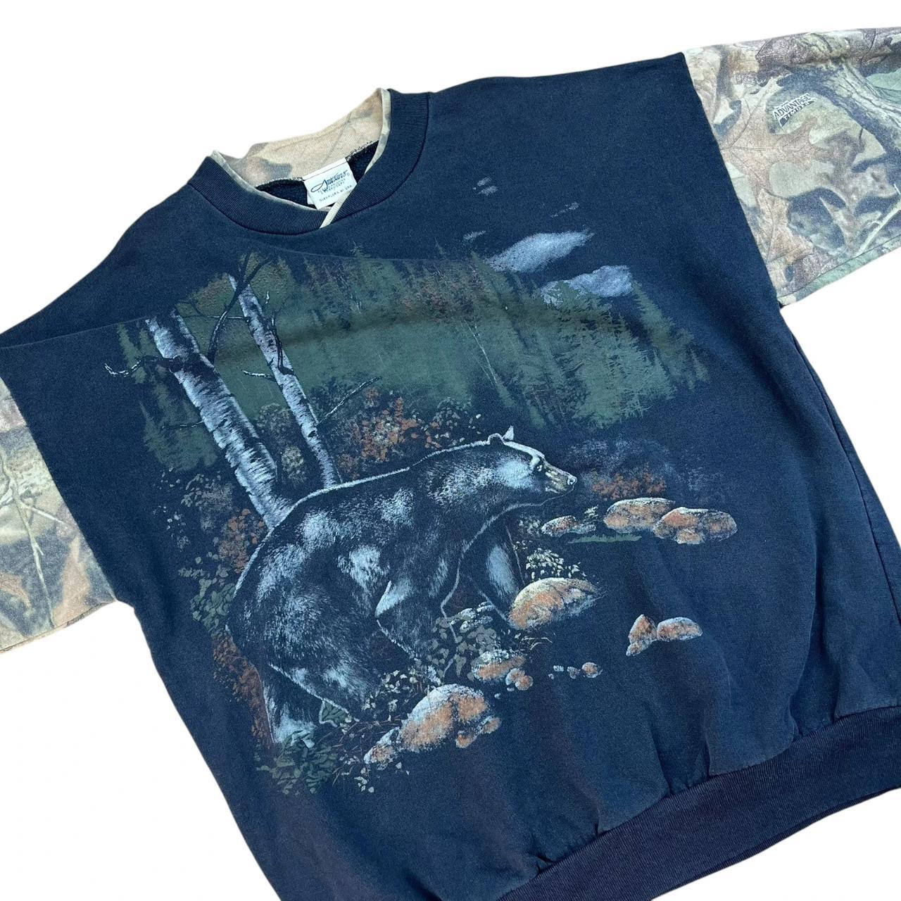 Unusual vintage USA 90s Black Bear and Forest Camo sleeves and ringer sweatshirt.