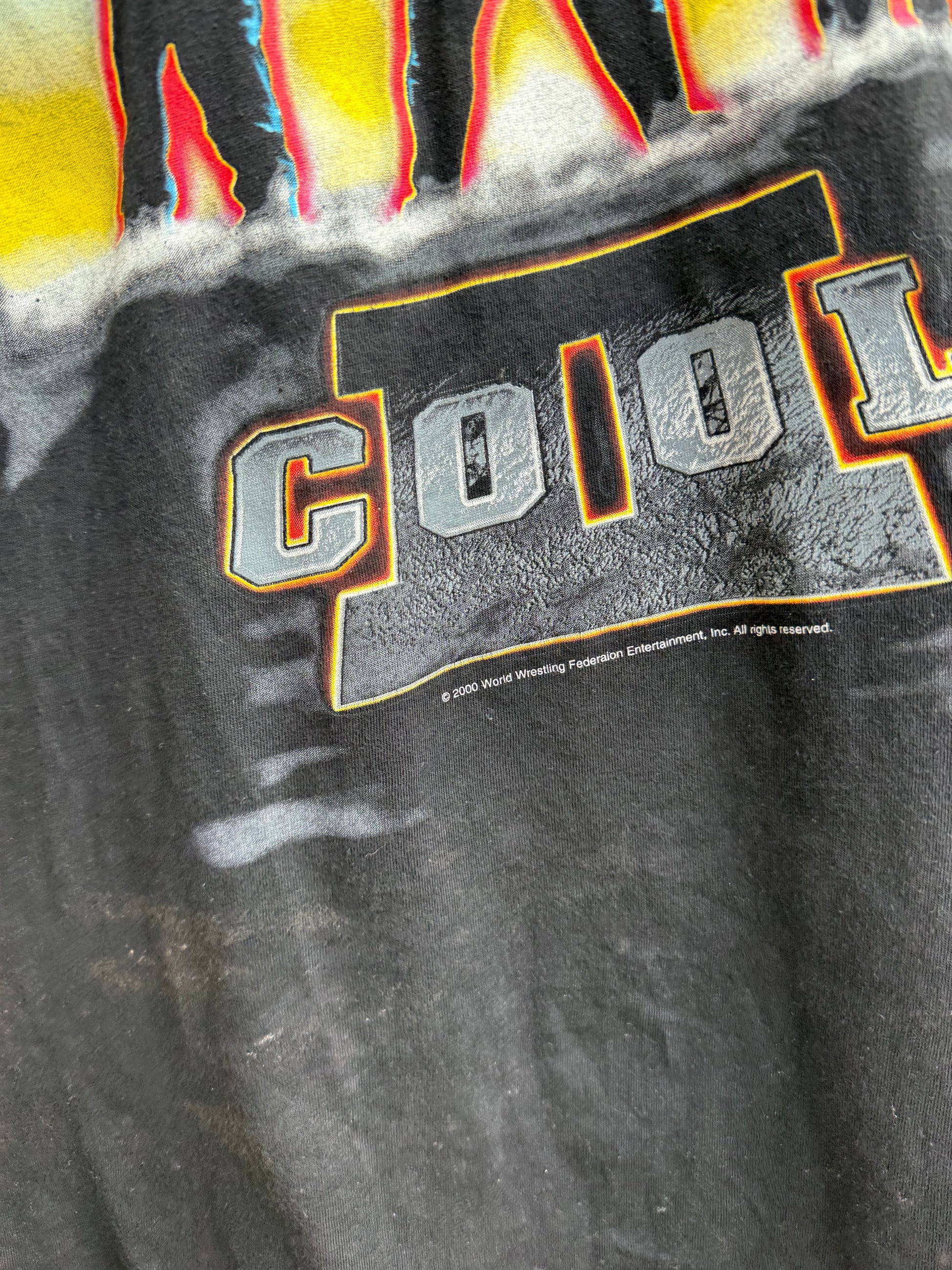 Close-up of 2 Cool text and WWF year 2000 copyright statement on a black t-shirt