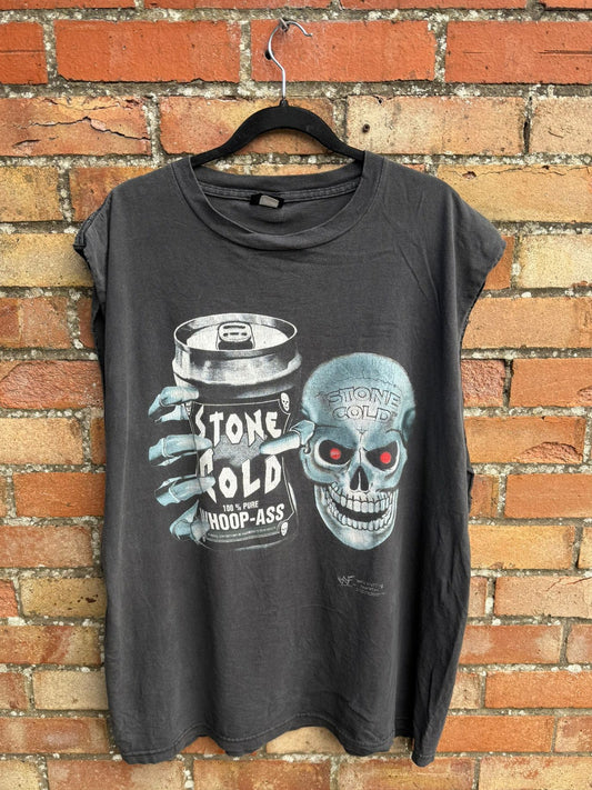 Black t-shirt with skull graphic design can with Stone Cold text on a brick wall background
