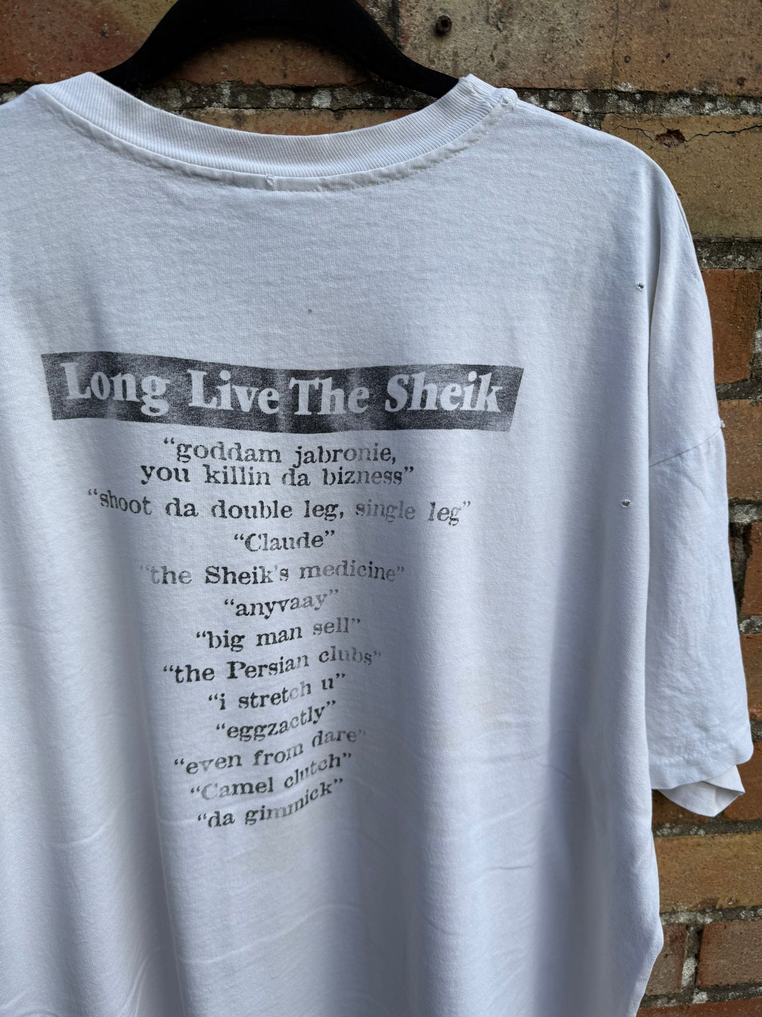 White Long Live the Sheik text t-shirt on a brick wall background