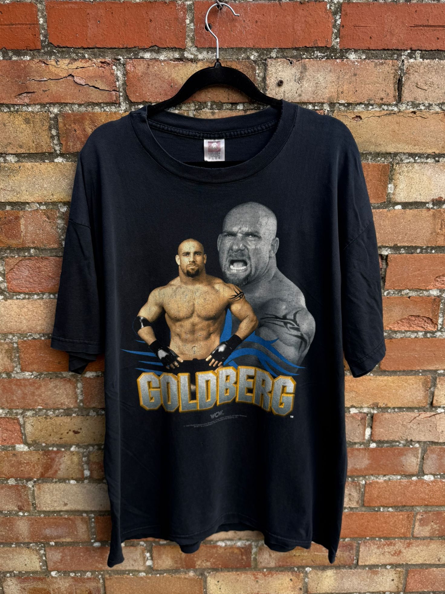 Black wrestling t-shirt with 'Goldberg' graphic design on a brick wall background