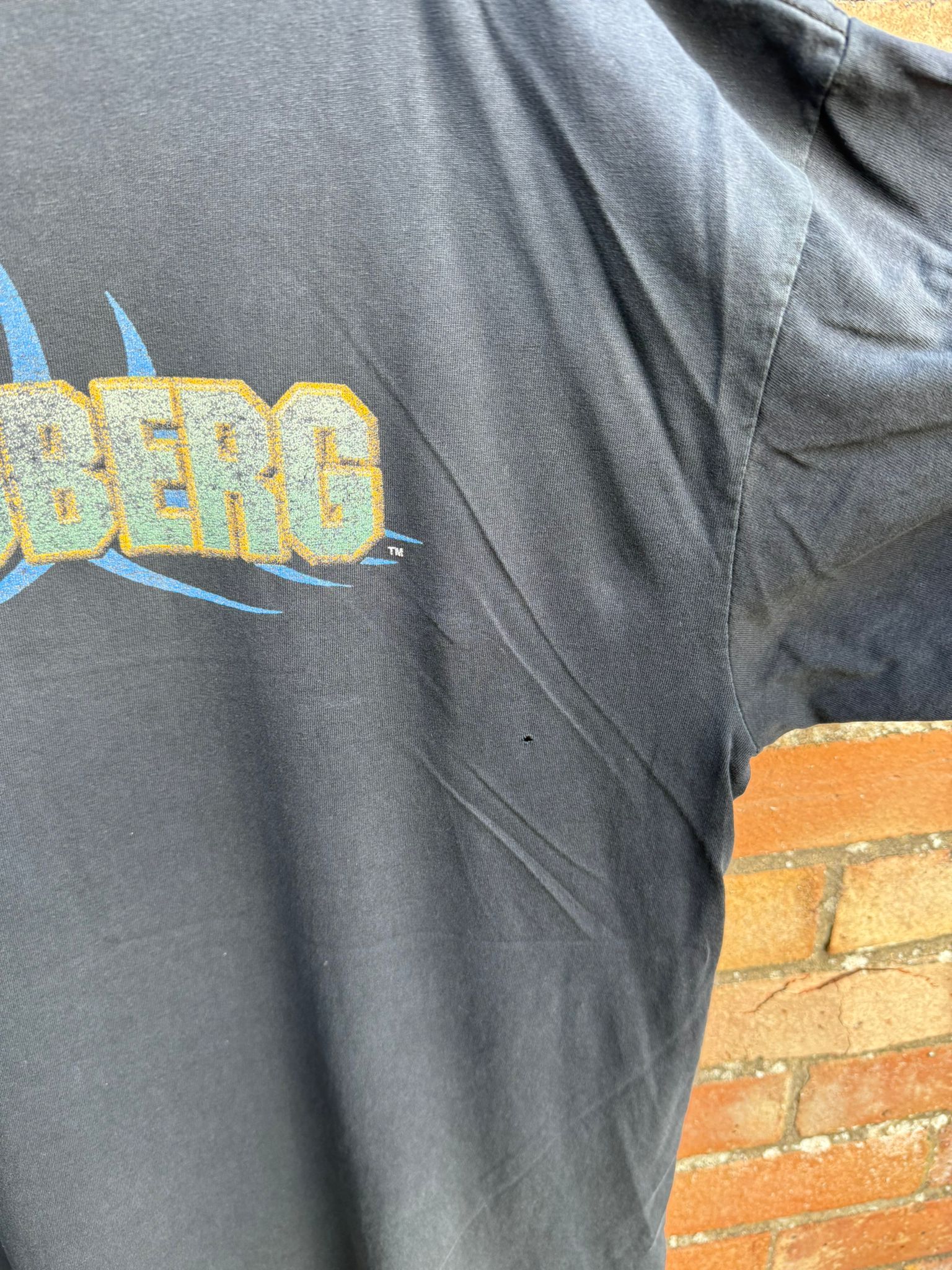 Black Goldberg t-shirt pit area showing small pinhole