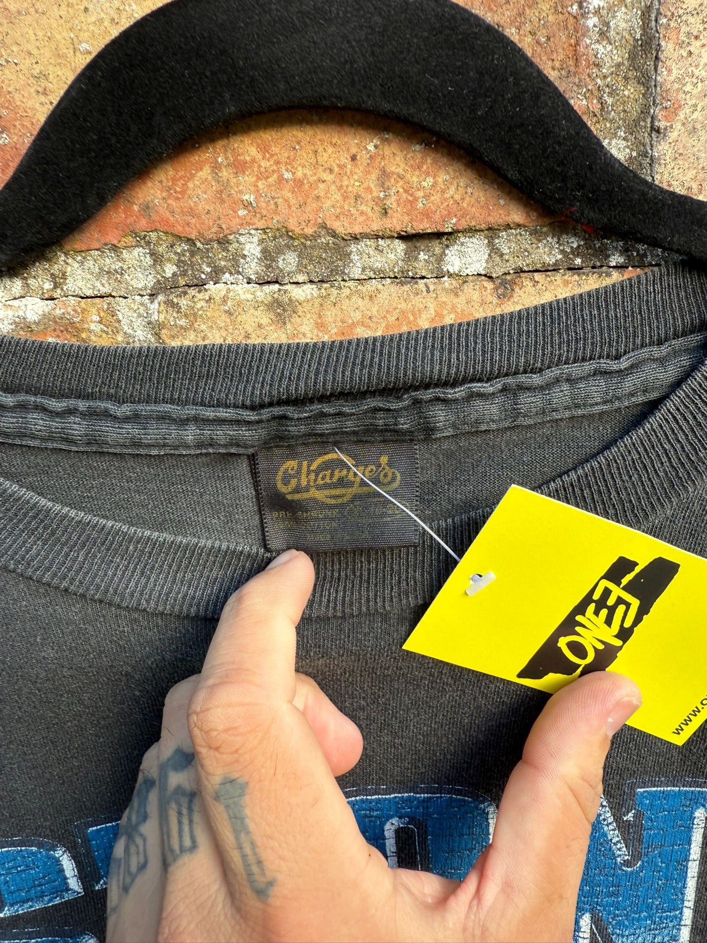 Close up of a yellow tag ONE3 held by a hand and clothes tag Changes