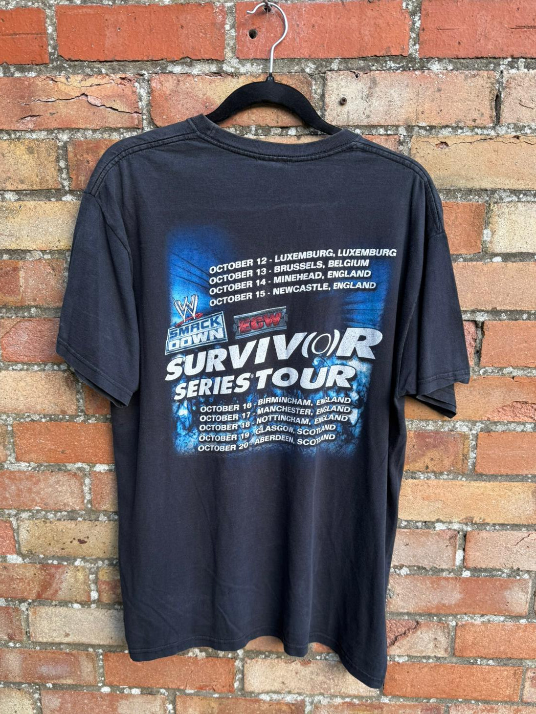 Black t-shirt with 'Survivor Series Tour' text on a hanger against a brick wall.