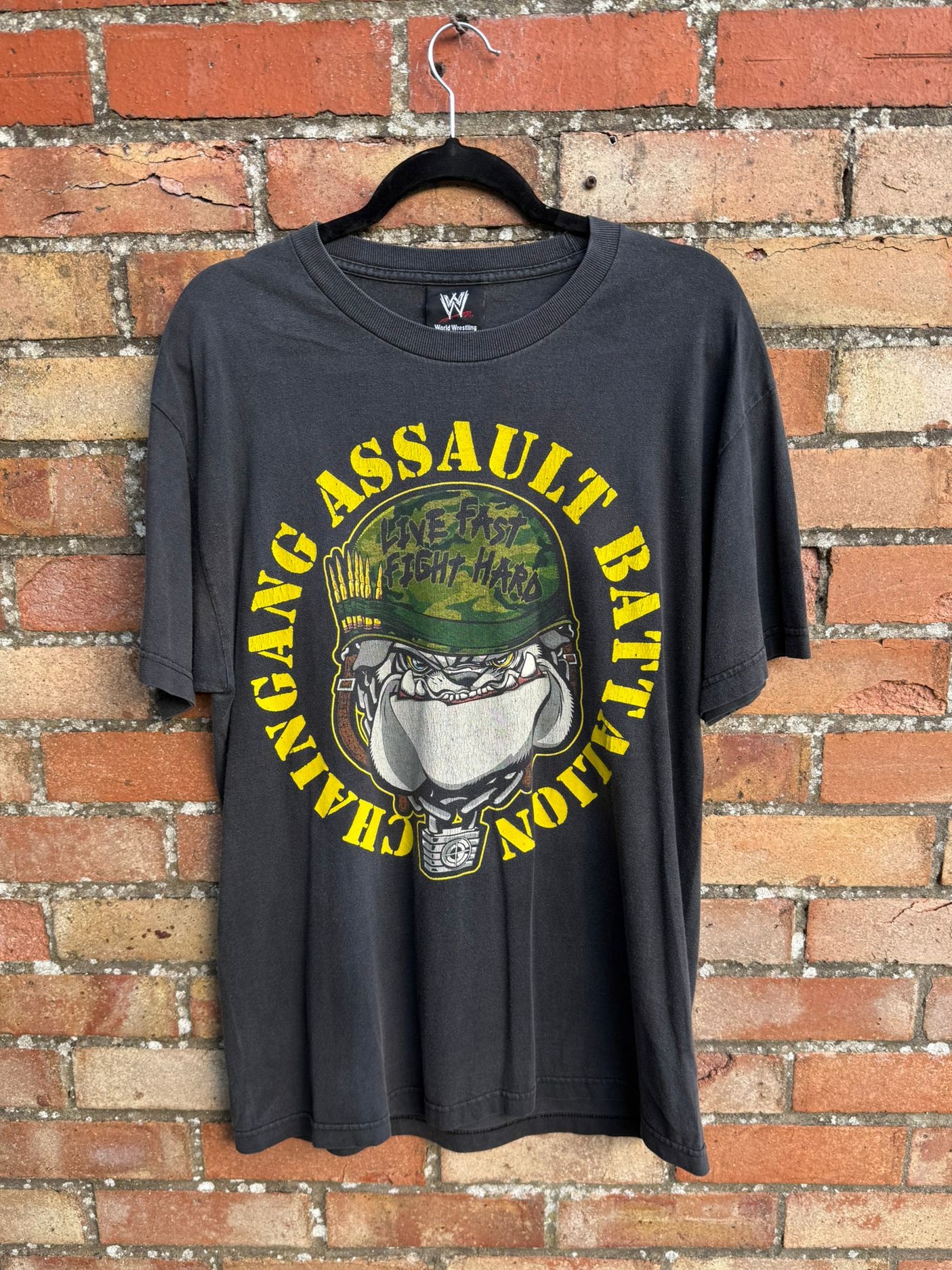 Black wrestling t-shirt featuring bulldog and Chaingang Assault Battalion wording