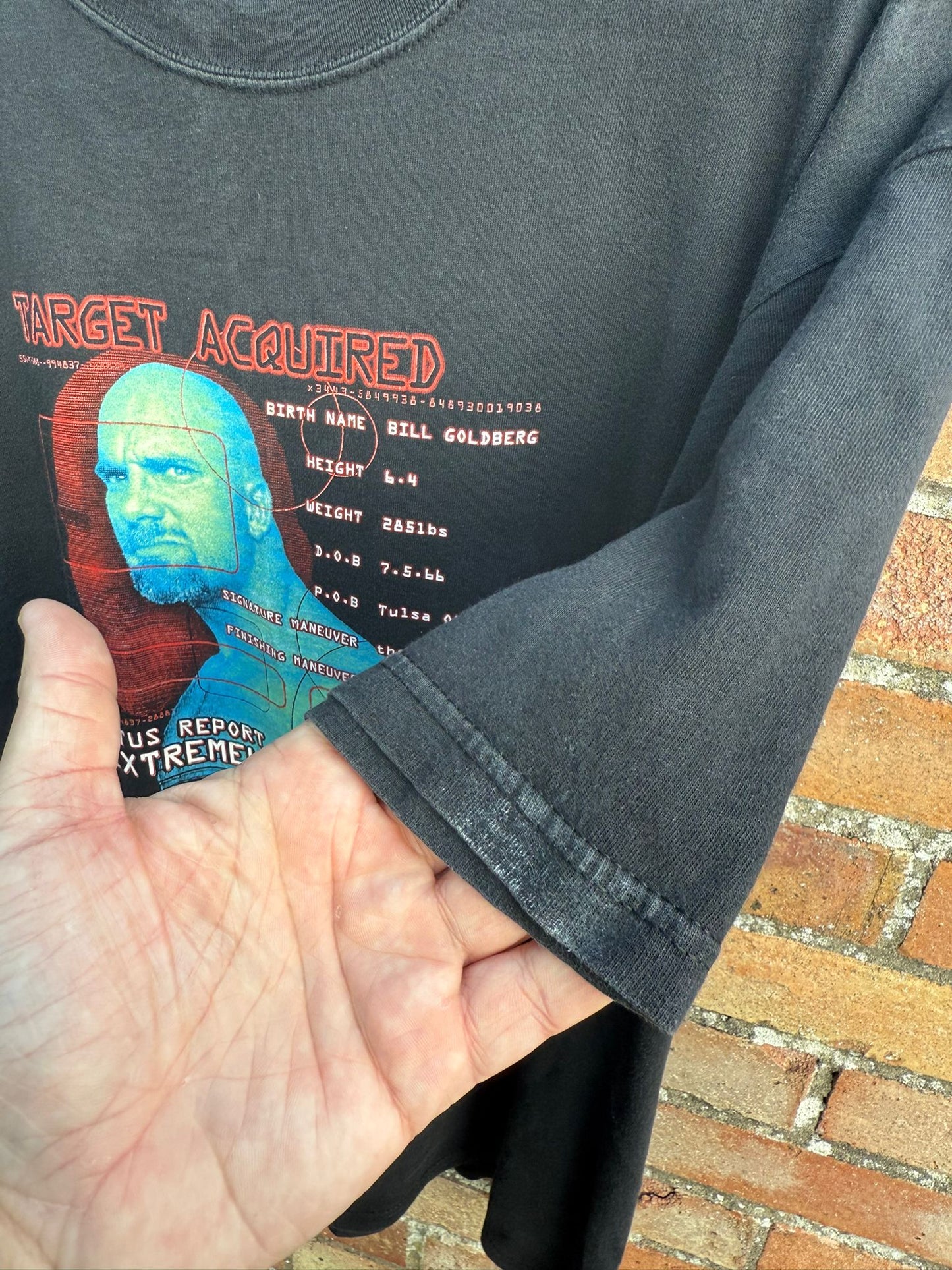 Black t-shirt with Goldberg graphic design and Target Acquired in text, and highlighting s small area of discolouration on one sleeve end. 