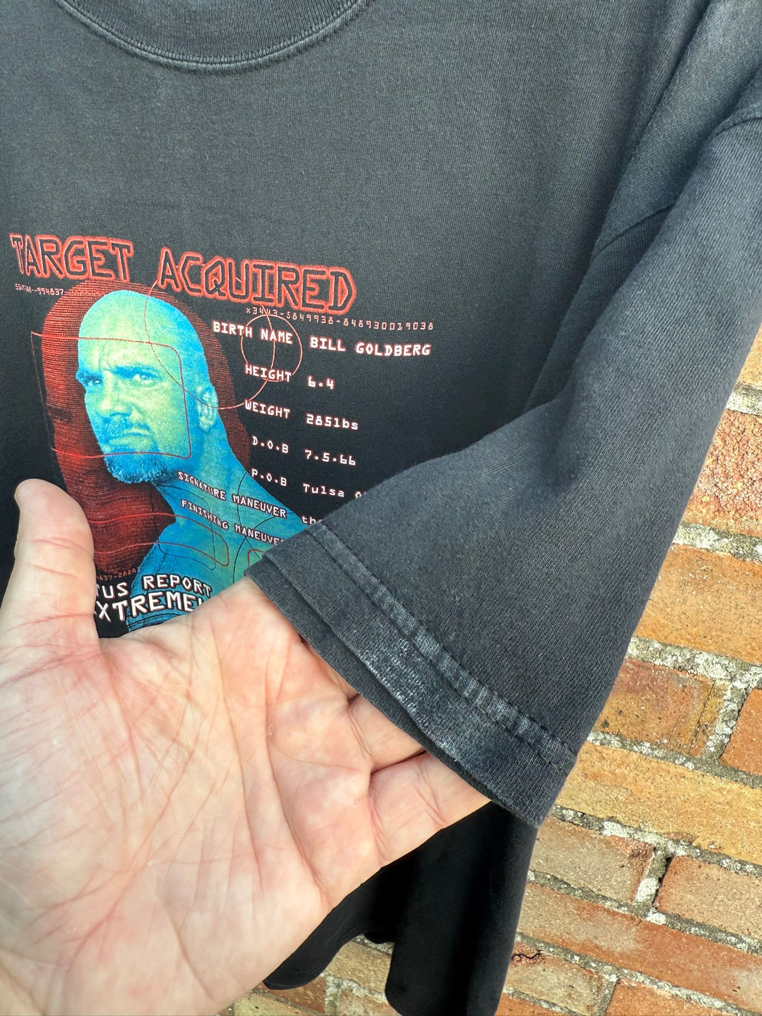 Black t-shirt with Goldberg graphic design and Target Acquired in text, and highlighting s small area of discolouration on one sleeve end. 