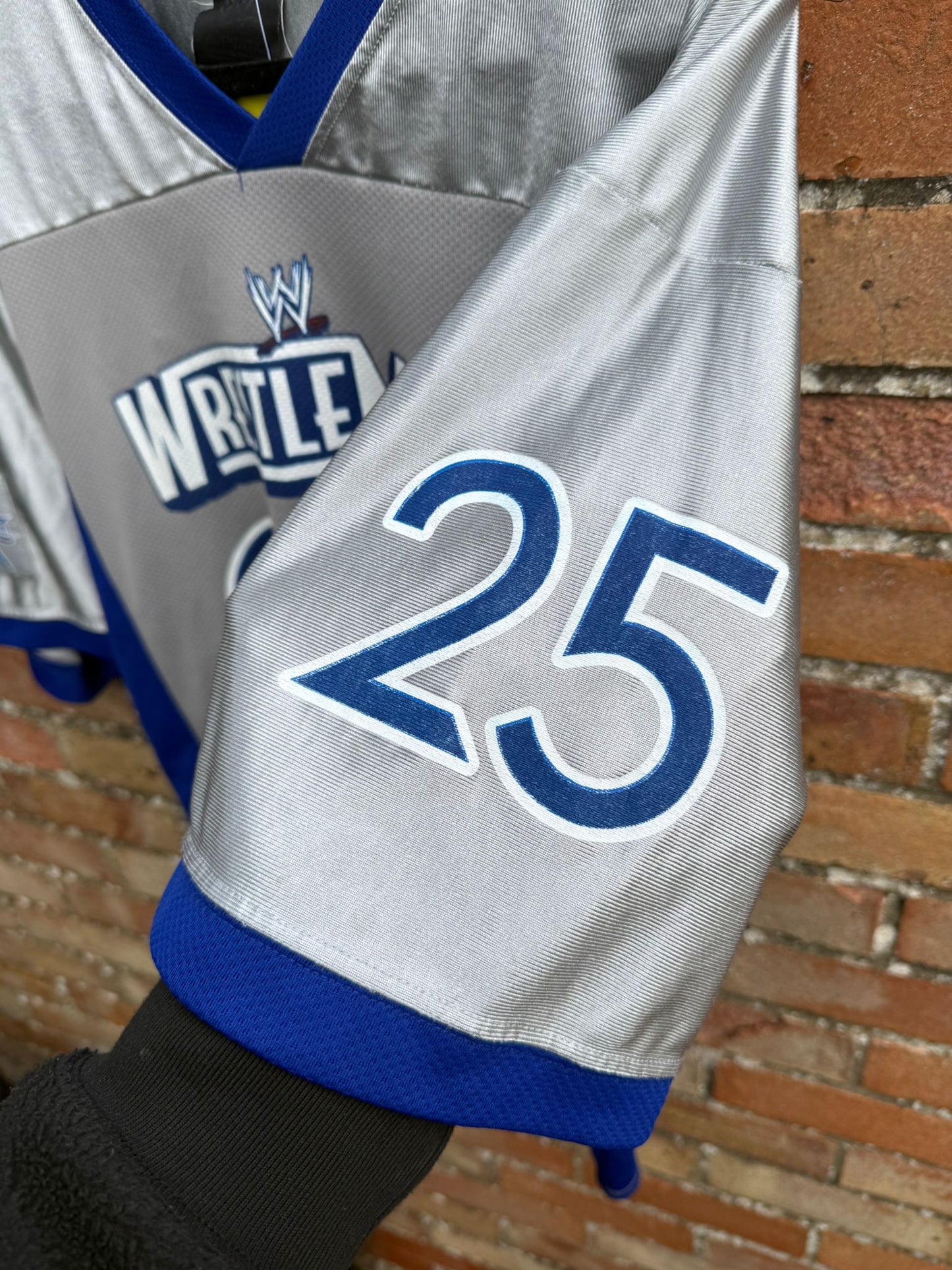Silver sports jersey with blue number 25 and WWE logo against a brick wall.