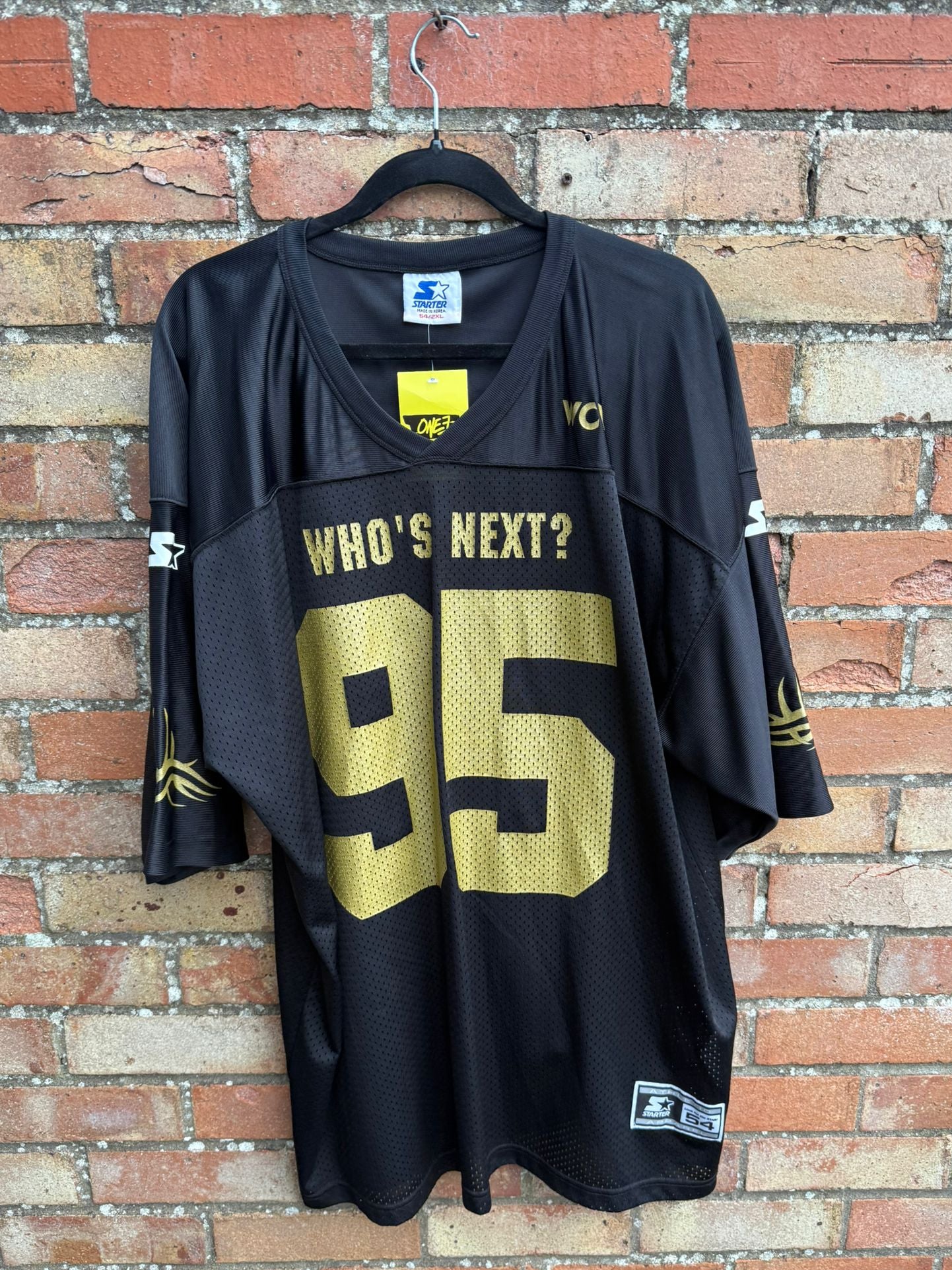 Black sports jersey with 'WHO'S NEXT?' and number '95' on a brick wall background