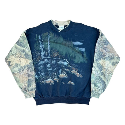 Unusual vintage USA 90s Black Bear and Forest Camo sleeves and ringer sweatshirt.