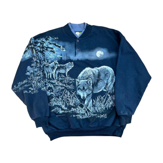 Wolves in Moonlight all-over-print with Pockets Sweatshirt (1990s)